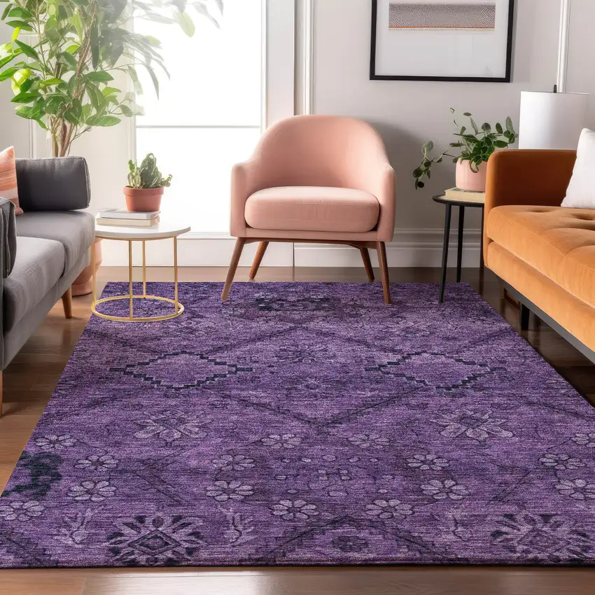 Eggplant And Gray Floral Washable Area Rug With UV Protection Photo 4