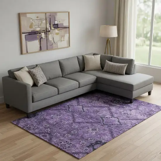 Eggplant And Gray Floral Washable Area Rug With UV Protection Photo 1