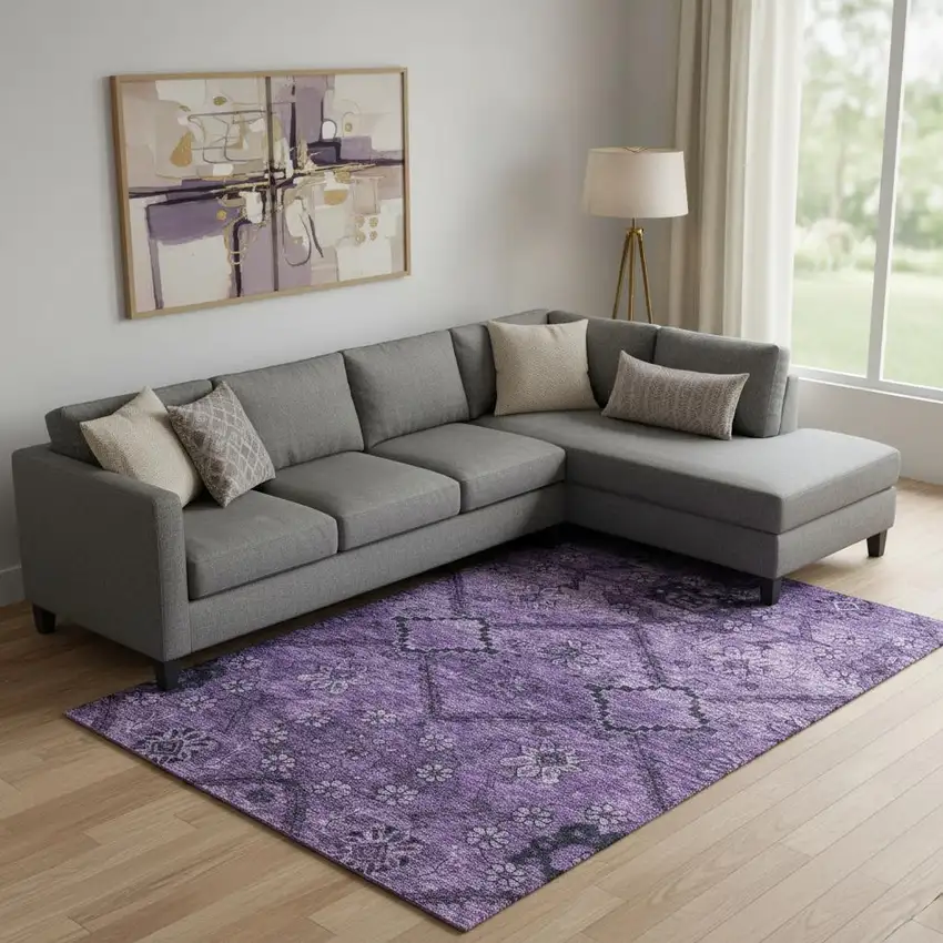 Eggplant And Gray Floral Washable Area Rug With UV Protection Photo 1