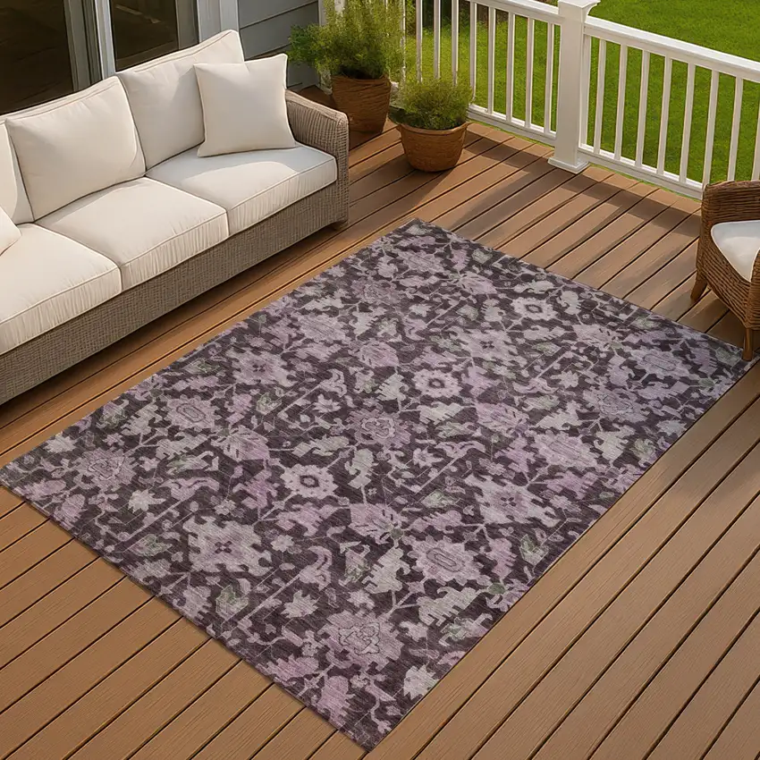 Eggplant And Gray Floral Washable Indoor Outdoor Area Rug Photo 4