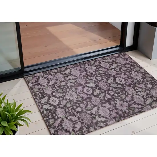 Eggplant And Gray Floral Washable Indoor Outdoor Area Rug Photo 1