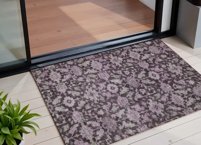 Eggplant And Gray Floral Washable Indoor Outdoor Area Rug Photo 1