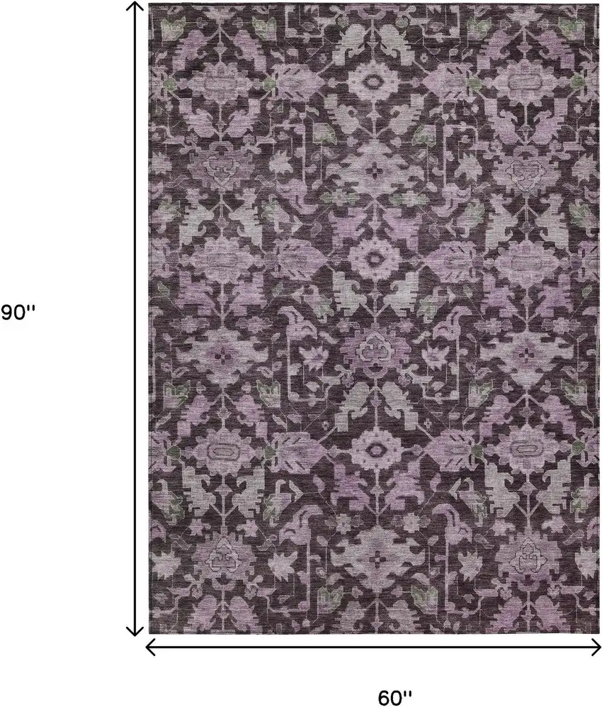 Eggplant And Gray Floral Washable Indoor Outdoor Area Rug Photo 3