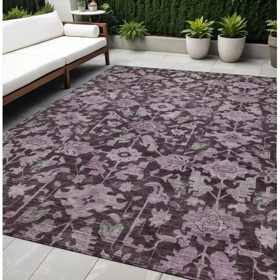 Eggplant And Gray Floral Washable Indoor Outdoor Area Rug Photo 1