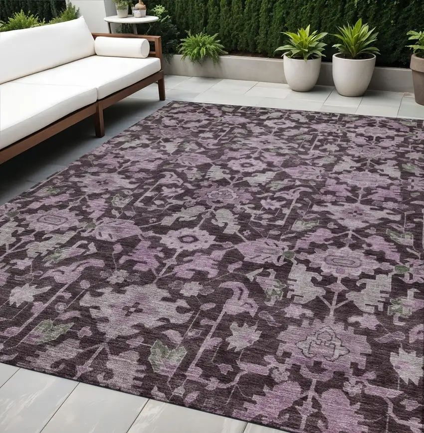 Eggplant And Gray Floral Washable Indoor Outdoor Area Rug Photo 1