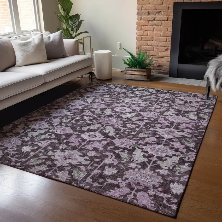 Eggplant And Gray Floral Washable Indoor Outdoor Area Rug Photo 6