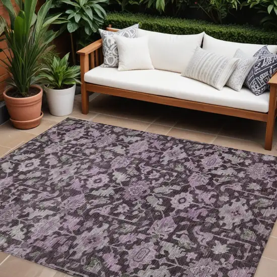 Eggplant And Gray Floral Washable Indoor Outdoor Area Rug Photo 1