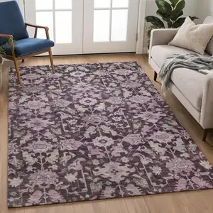 Photo of Eggplant And Gray Floral Washable Indoor Outdoor Area Rug
