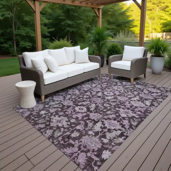 Eggplant And Gray Floral Washable Indoor Outdoor Area Rug Photo 7