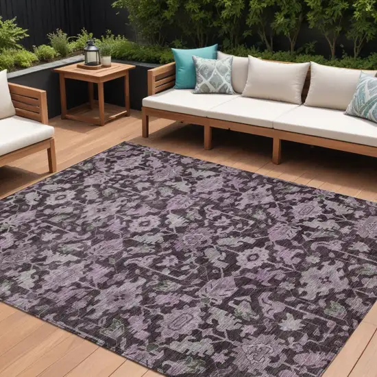 Eggplant And Gray Floral Washable Indoor Outdoor Area Rug Photo 1