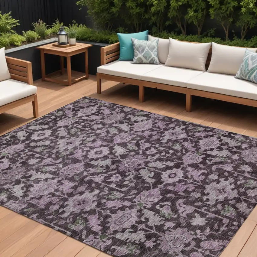 Eggplant And Gray Floral Washable Indoor Outdoor Area Rug Photo 1
