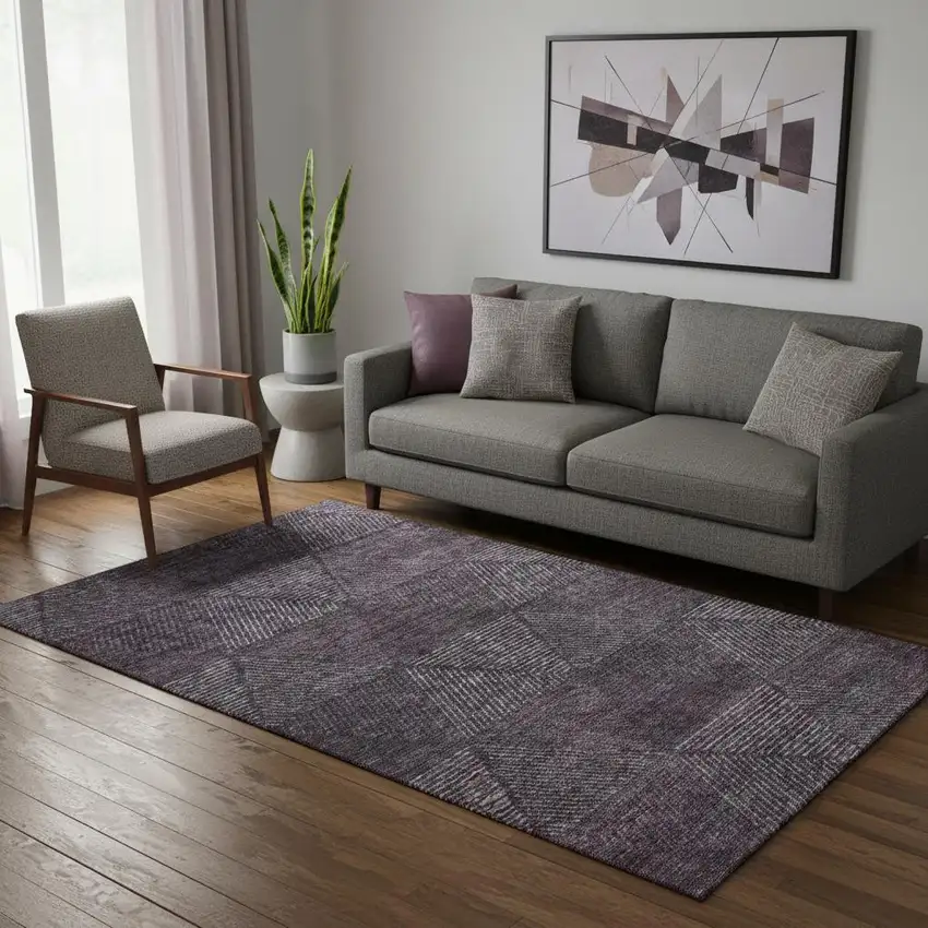 Eggplant And Gray Geometric Washable Area Rug With UV Protection Photo 1