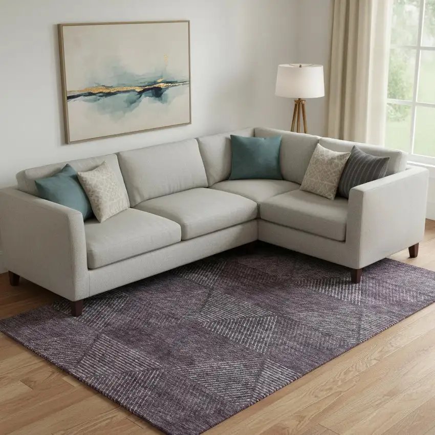 Eggplant And Gray Geometric Washable Area Rug With UV Protection Photo 1