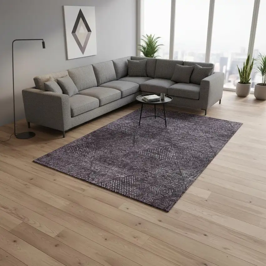 Eggplant And Gray Geometric Washable Area Rug With UV Protection Photo 2