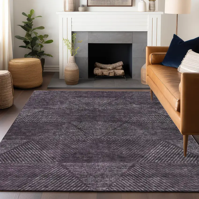 Eggplant And Gray Geometric Washable Area Rug With UV Protection Photo 6