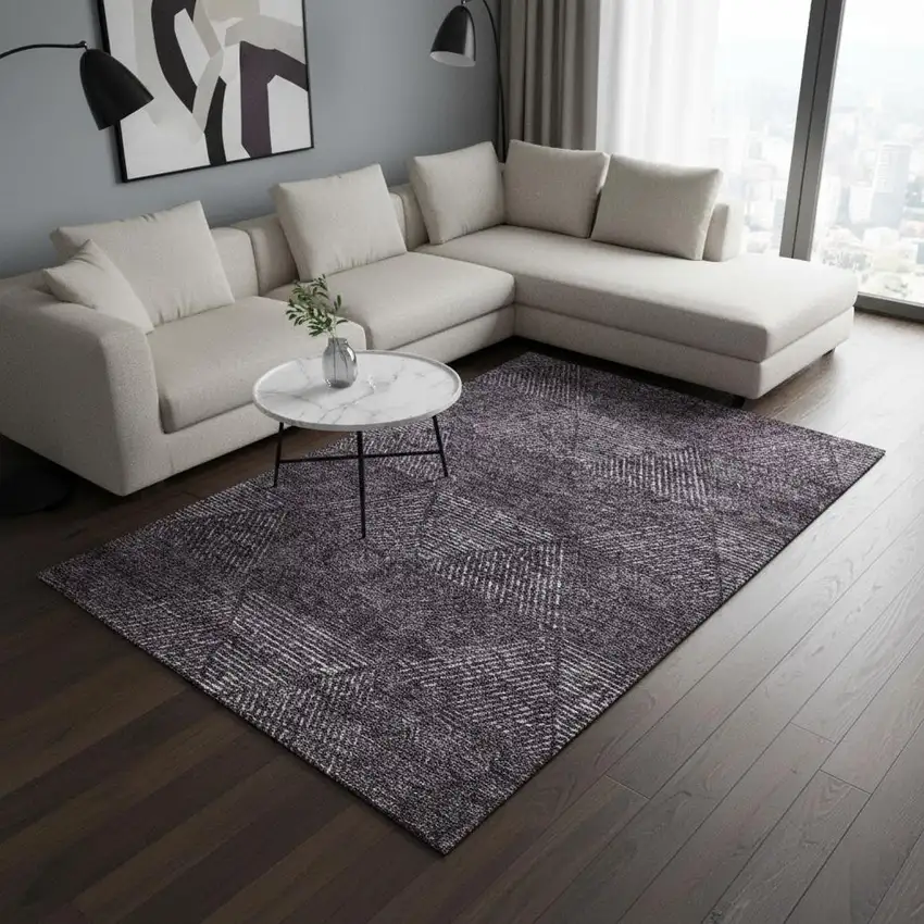 Eggplant And Gray Geometric Washable Area Rug With UV Protection Photo 2