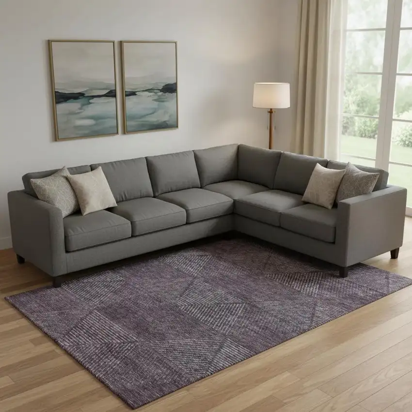 Eggplant And Gray Geometric Washable Area Rug With UV Protection Photo 1