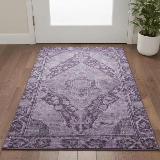 Eggplant And Gray Oriental Washable Area Rug With UV Protection Photo 2