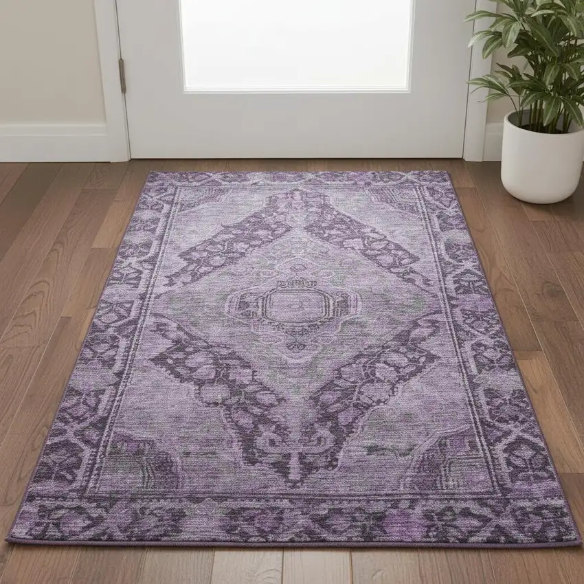 Eggplant And Gray Oriental Washable Area Rug With UV Protection Photo 2