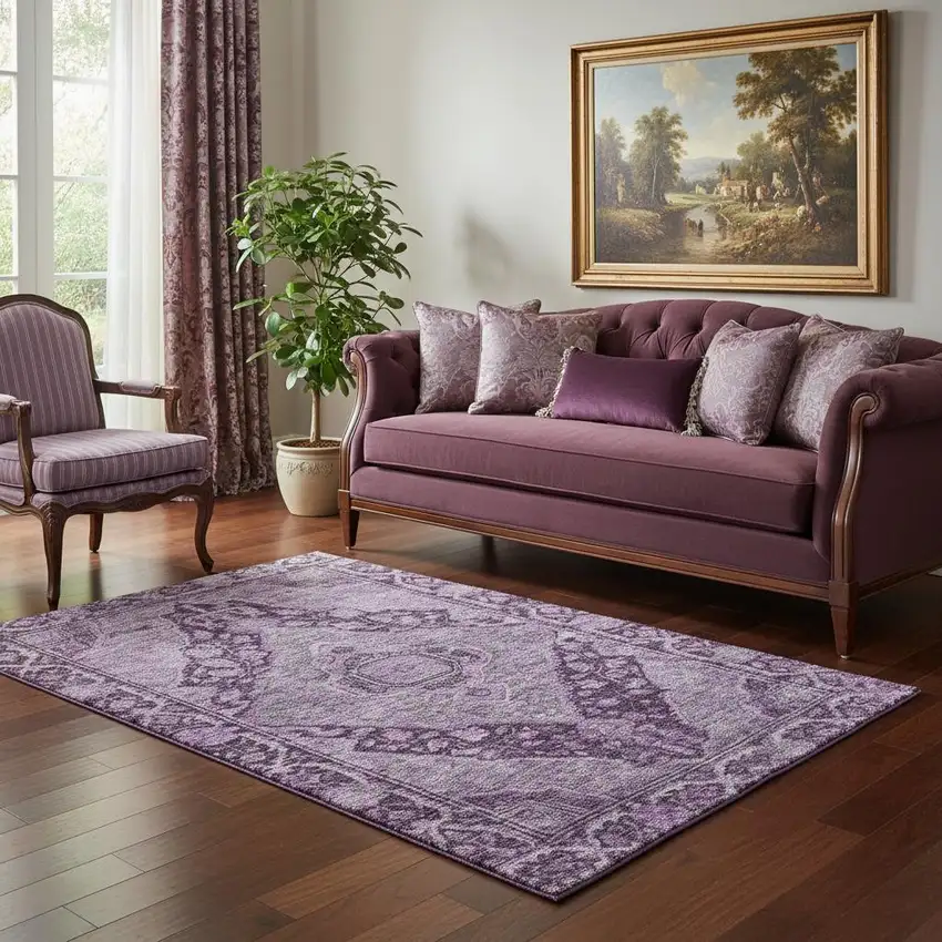 Eggplant And Gray Oriental Washable Area Rug With UV Protection Photo 2