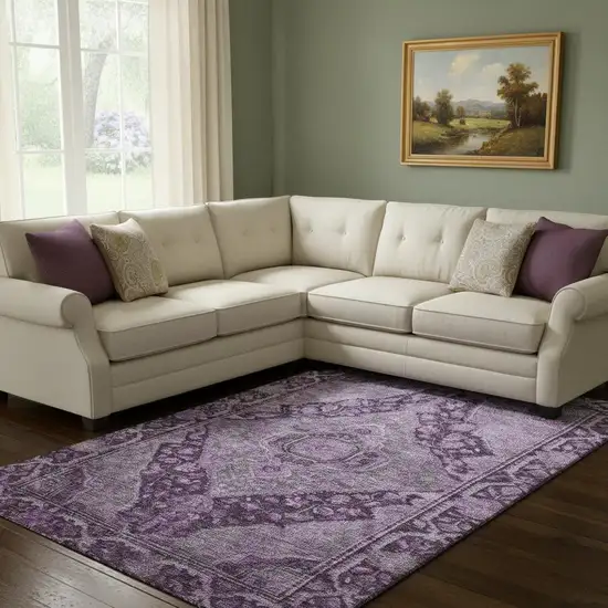 Eggplant And Gray Oriental Washable Area Rug With UV Protection Photo 2