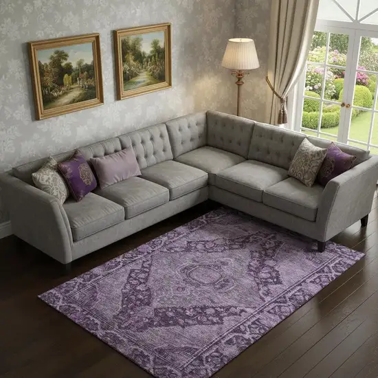 Eggplant And Gray Oriental Washable Area Rug With UV Protection Photo 2