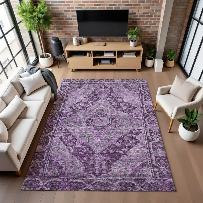 Eggplant And Gray Oriental Washable Area Rug With UV Protection Photo 5