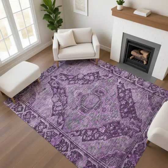 Eggplant And Gray Oriental Washable Area Rug With UV Protection Photo 4