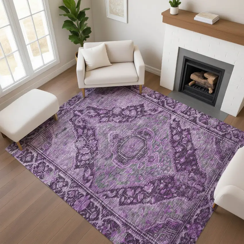 Eggplant And Gray Oriental Washable Area Rug With UV Protection Photo 4
