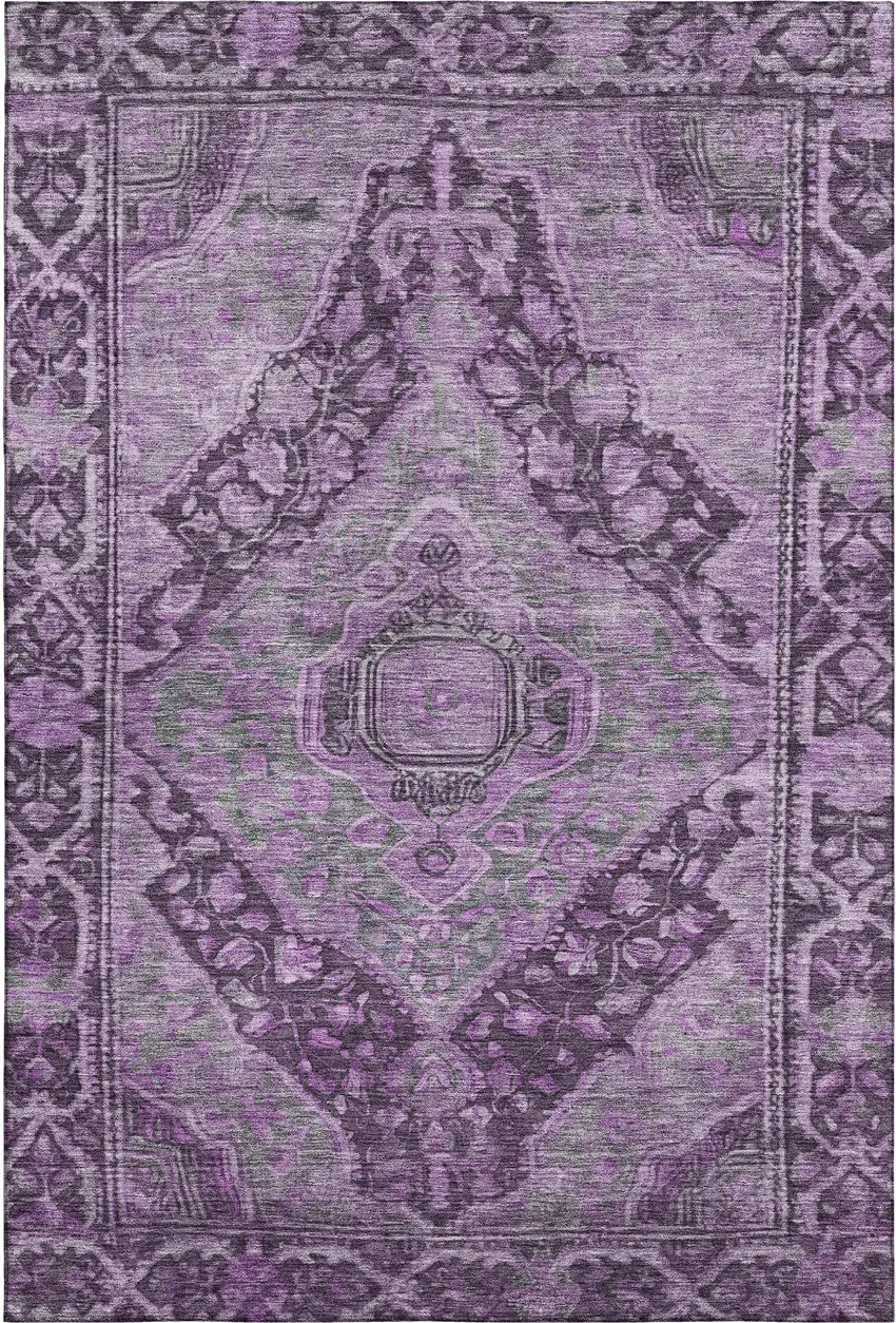 Eggplant And Gray Oriental Washable Area Rug With UV Protection Photo 1