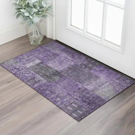 Eggplant And Gray Patchwork Washable Area Rug With UV Protection Photo 1