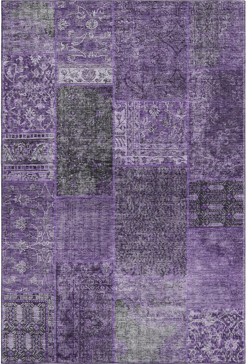 Eggplant And Gray Patchwork Washable Area Rug With UV Protection Photo 1