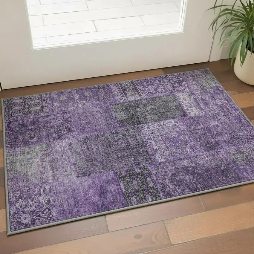 Eggplant And Gray Patchwork Washable Area Rug With UV Protection Photo 2