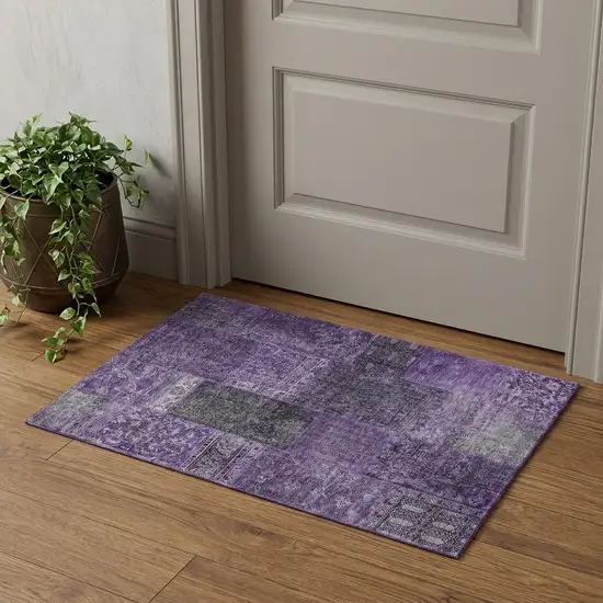 Eggplant And Gray Patchwork Washable Area Rug With UV Protection Photo 1