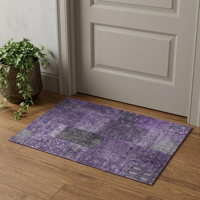 Eggplant And Gray Patchwork Washable Area Rug With UV Protection Photo 1
