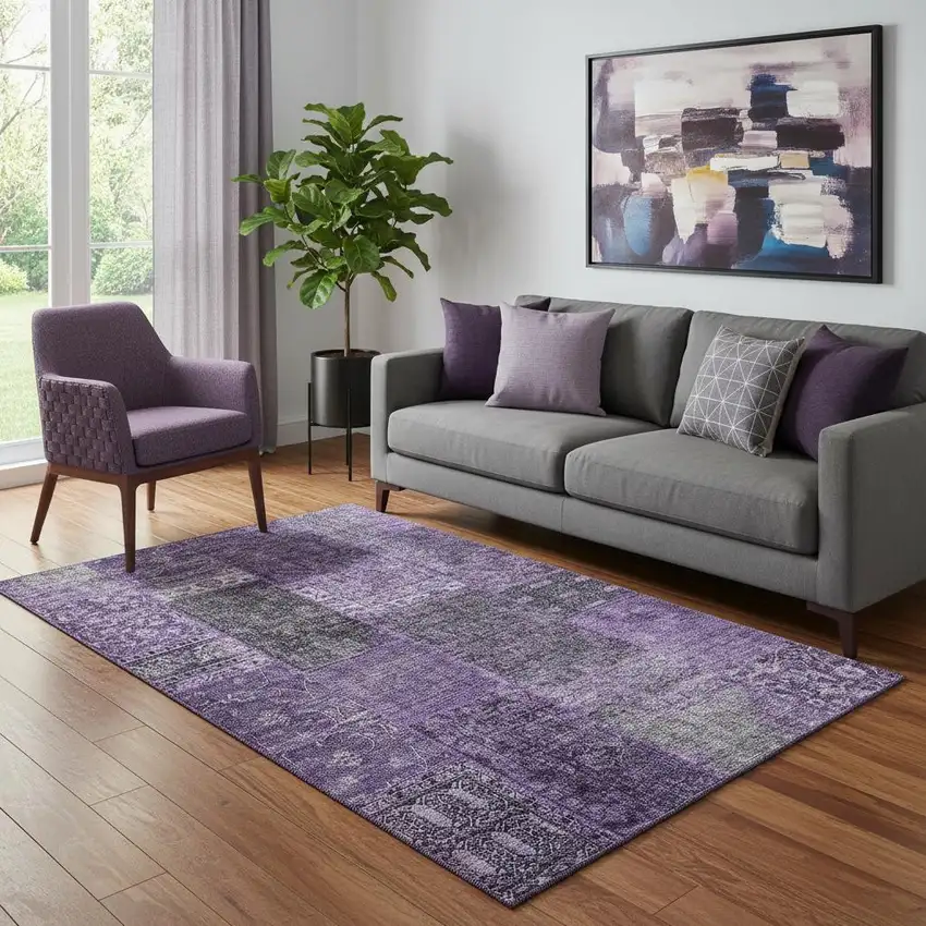 Eggplant And Gray Patchwork Washable Area Rug With UV Protection Photo 1
