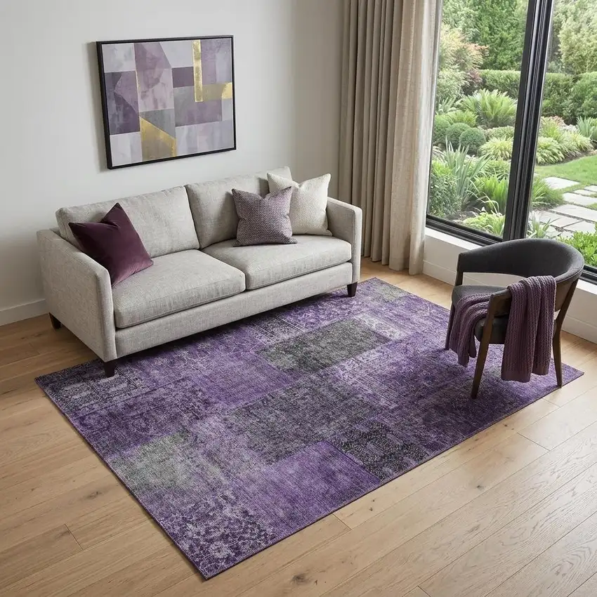 Eggplant And Gray Patchwork Washable Area Rug With UV Protection Photo 1