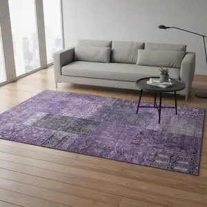 Photo of Eggplant And Gray Patchwork Washable Area Rug With UV Protection
