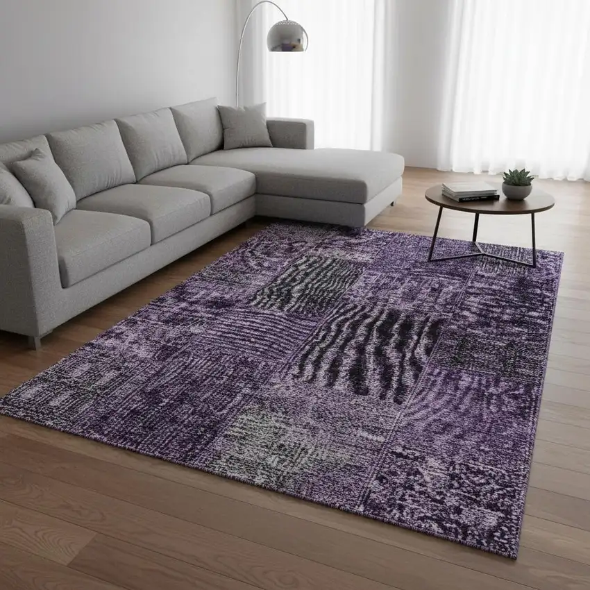 Eggplant And Gray Patchwork Washable Area Rug With UV Protection Photo 1