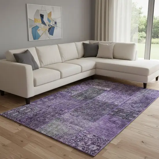 Eggplant And Gray Patchwork Washable Area Rug With UV Protection Photo 1