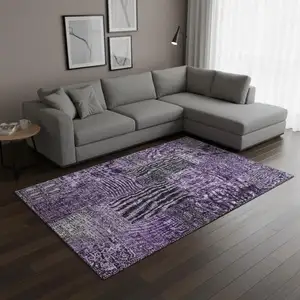 Photo of Eggplant And Gray Patchwork Washable Area Rug With UV Protection