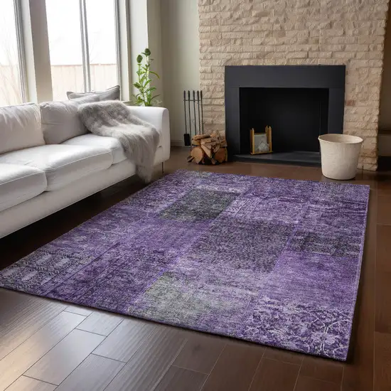Eggplant And Gray Patchwork Washable Area Rug With UV Protection Photo 4