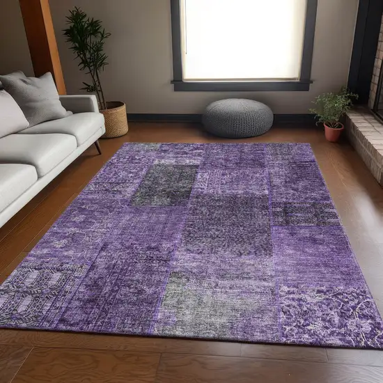 Eggplant And Gray Patchwork Washable Area Rug With UV Protection Photo 5