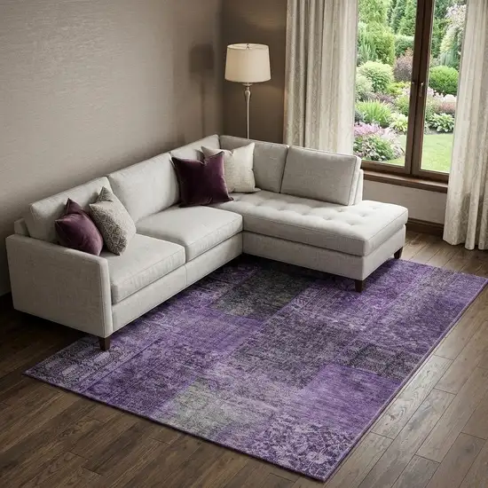 Eggplant And Gray Patchwork Washable Area Rug With UV Protection Photo 1