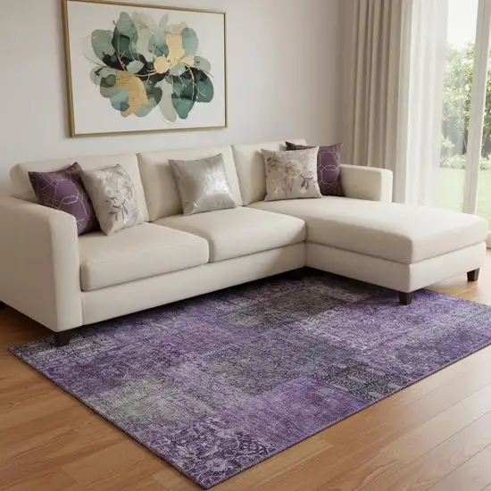 Eggplant And Gray Patchwork Washable Area Rug With UV Protection Photo 1