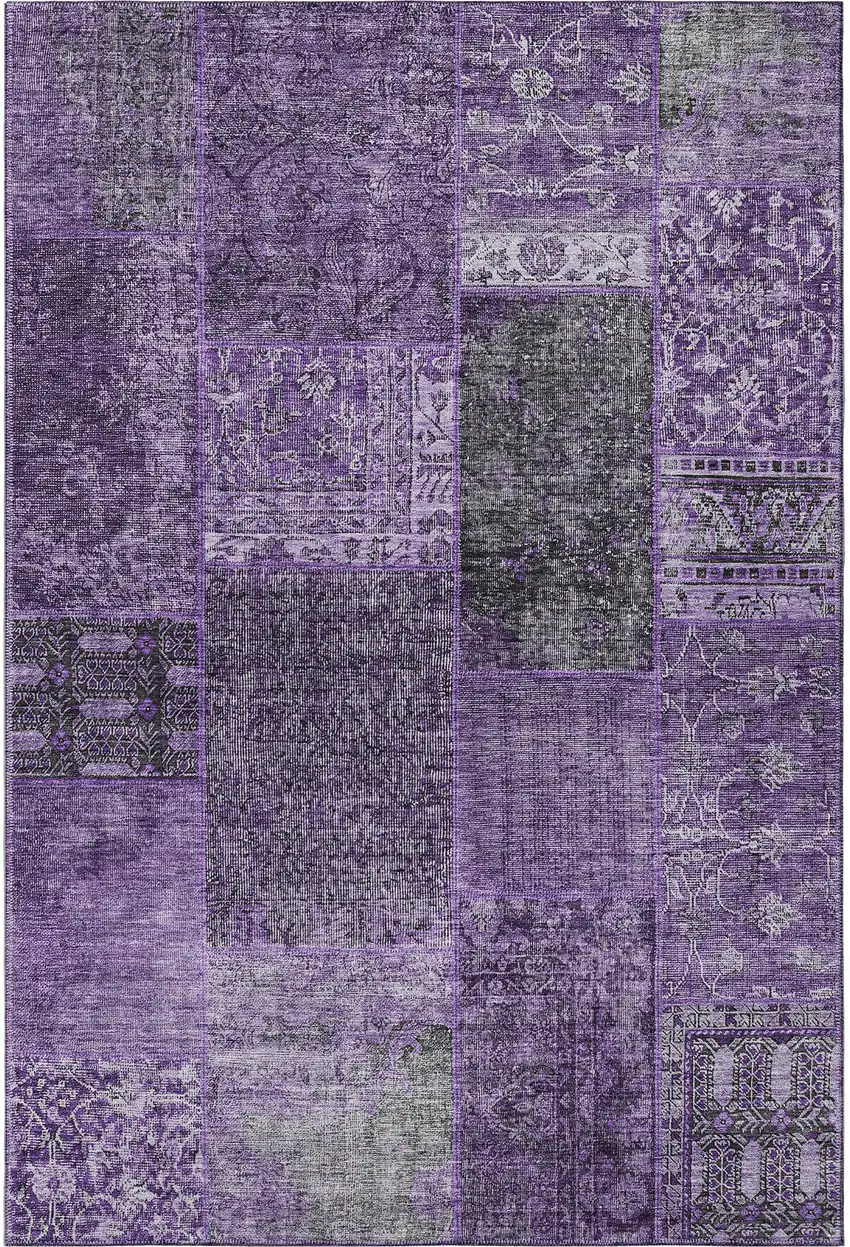 Eggplant And Gray Patchwork Washable Area Rug With UV Protection Photo 4