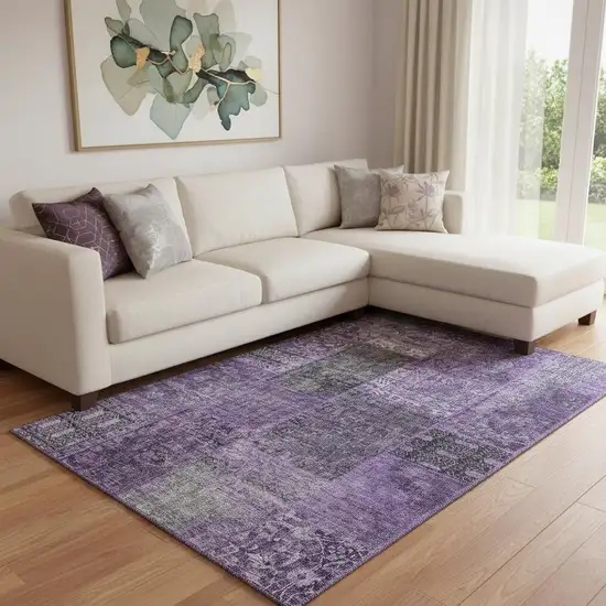 Eggplant And Gray Patchwork Washable Area Rug With UV Protection Photo 1