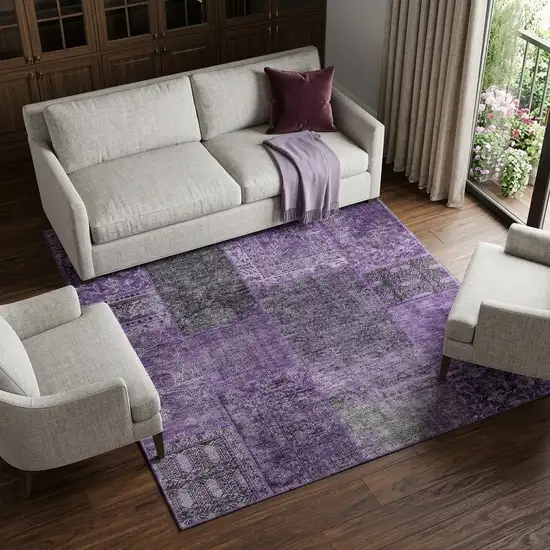 Eggplant And Gray Patchwork Washable Area Rug With UV Protection Photo 1