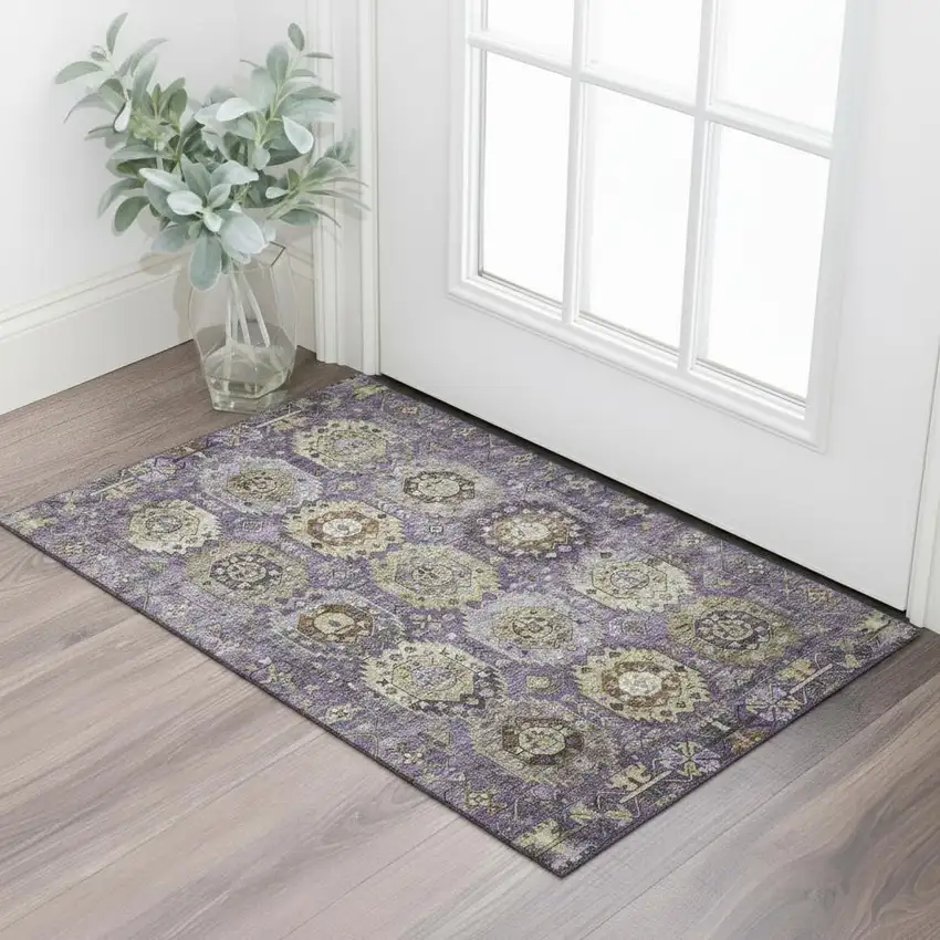Eggplant And Green Medallion Washable Area Rug With UV Protection Photo 2