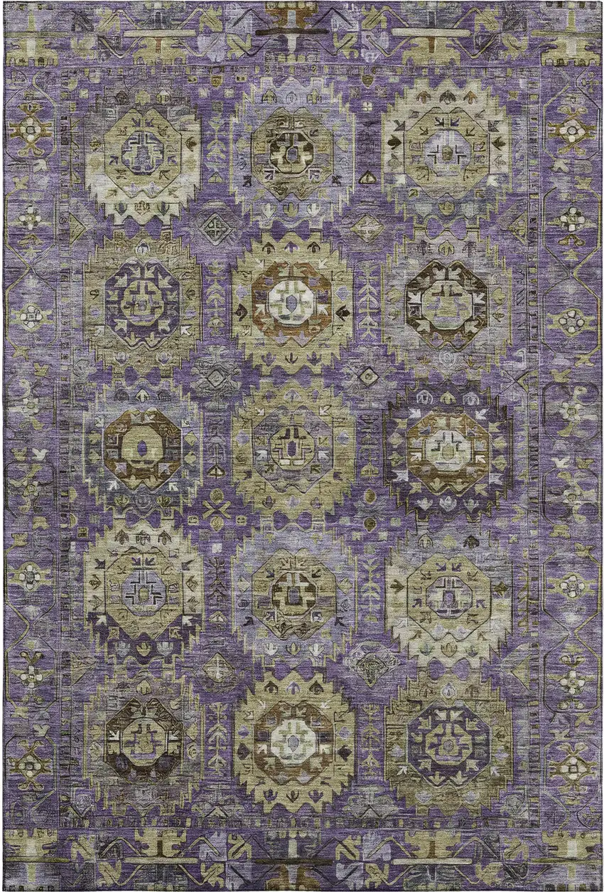 Eggplant And Green Medallion Washable Area Rug With UV Protection Photo 1